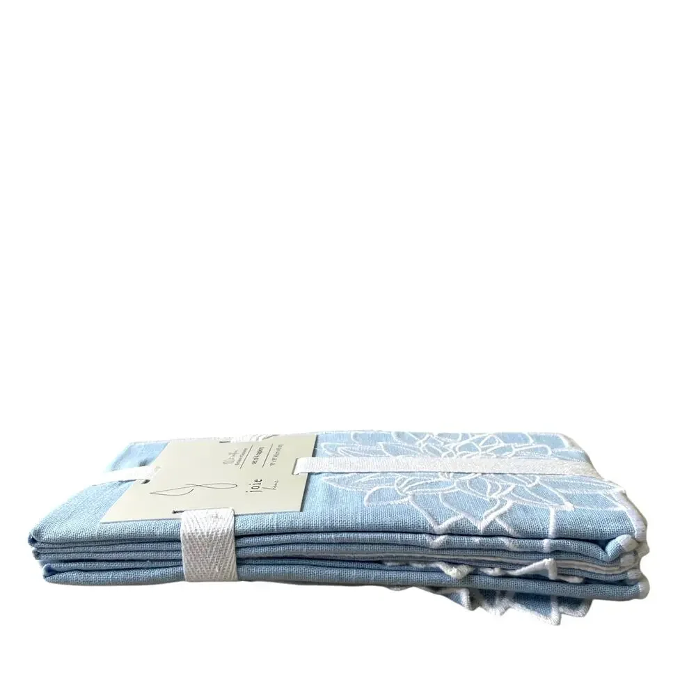 J JOIE Embroidered Flower Napkins 18x18 Pastel Blue & White Cotton Set of 4 NEW